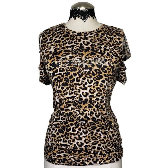 VTG Y2K Bebe Cheetah Print Rhinestone Fitted Top - Picture 1 of 9